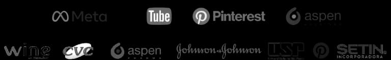 Logos de clientes que Estêvão atendeu: Meta, YouTube, Pinterest, Aspen, Wine, CVC, Aspen Pharma, Johnson & Johnson, USP, Setin